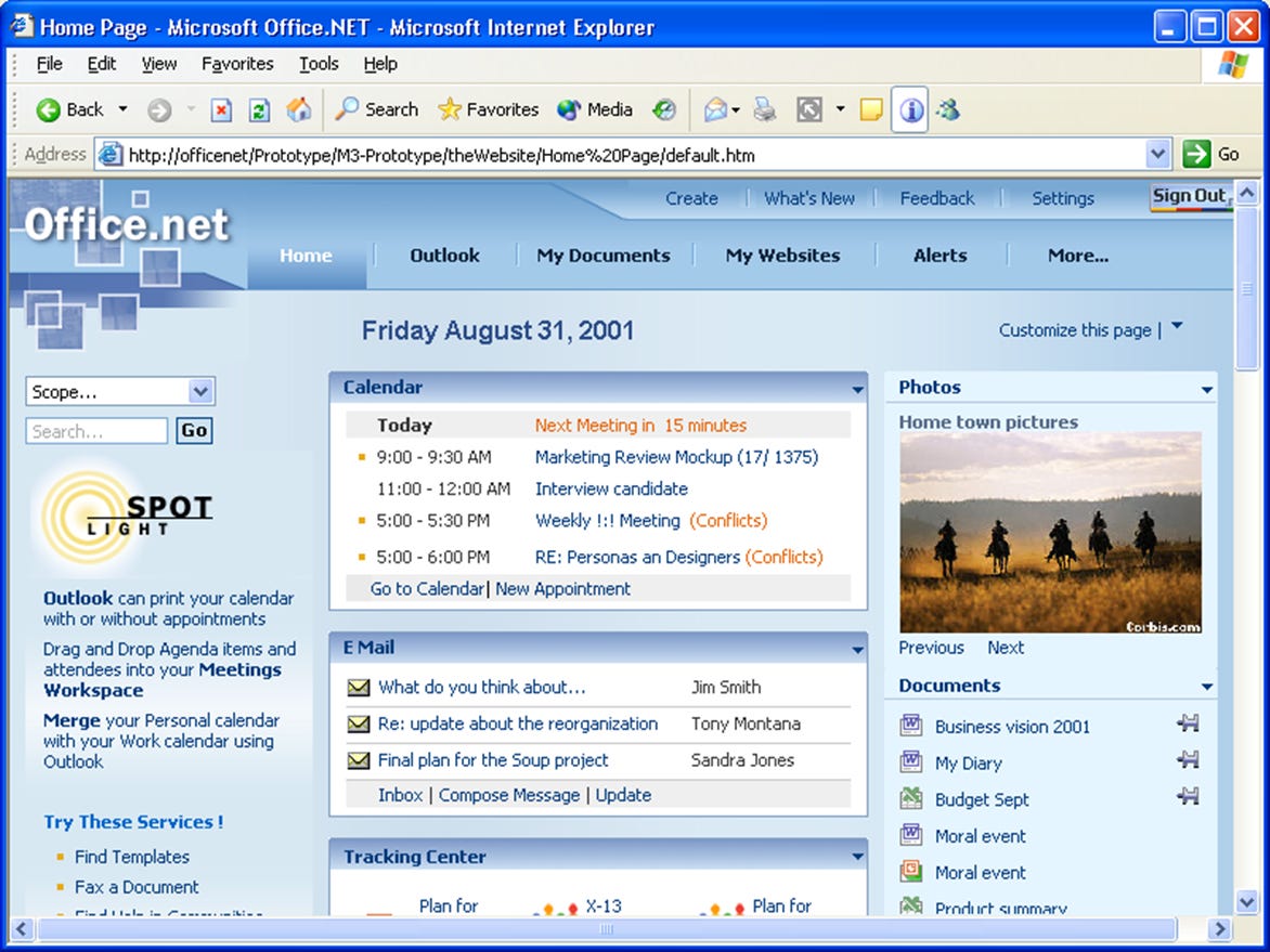 Screen shot of a prototype of Office.NET "internet experience" homepage. Shows calendar, email, documents, and more. 