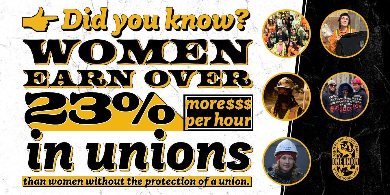info graphic with black and yellow letters stating "Did you know? women earn over 23% more $$$ per hour in unions than women without the protection of a union." 5 images of working women included