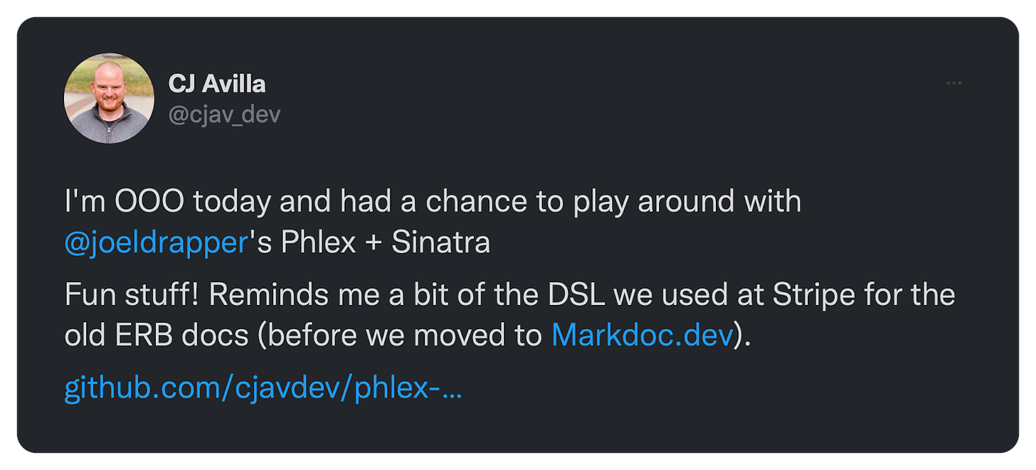 I'm OOO today and had a chance to play around with @joeldrapper's Phlex + Sinatra Fun stuff! Reminds me a bit of the DSL we used at Stripe for the old ERB docs (before we moved to Markdoc.dev)