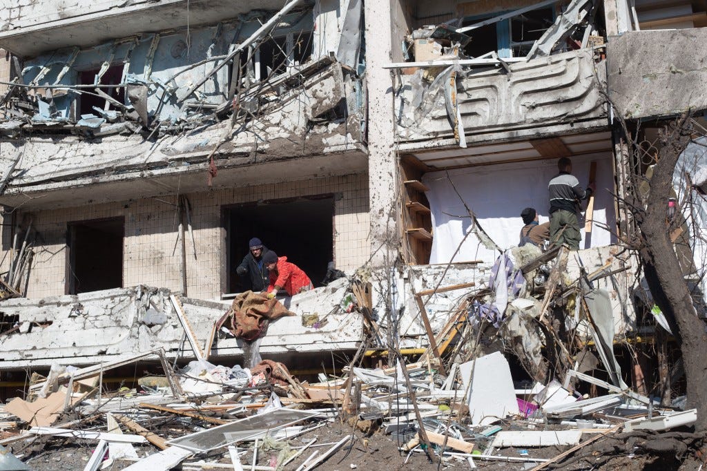 A residential building which was hit by a rocket on March 15, 2022 in Kyiv, Ukraine.