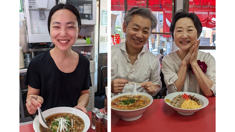 A photo collage of people smiling and eating ramen