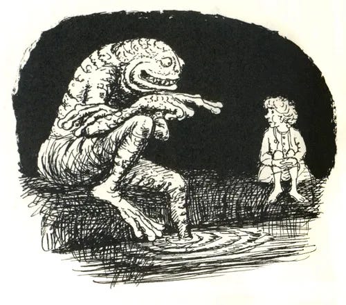 Una illustrazione in inchiostro in bianco e nero. Su uno sfondo nero si stagliano due figure sedute sulla riva si uno specchio d'acqua. A sinistra una creatura simile a una grossa rana protende una zampa verso l'altra figura, a destra, che è un piccolo umano impaurito (bilbo).