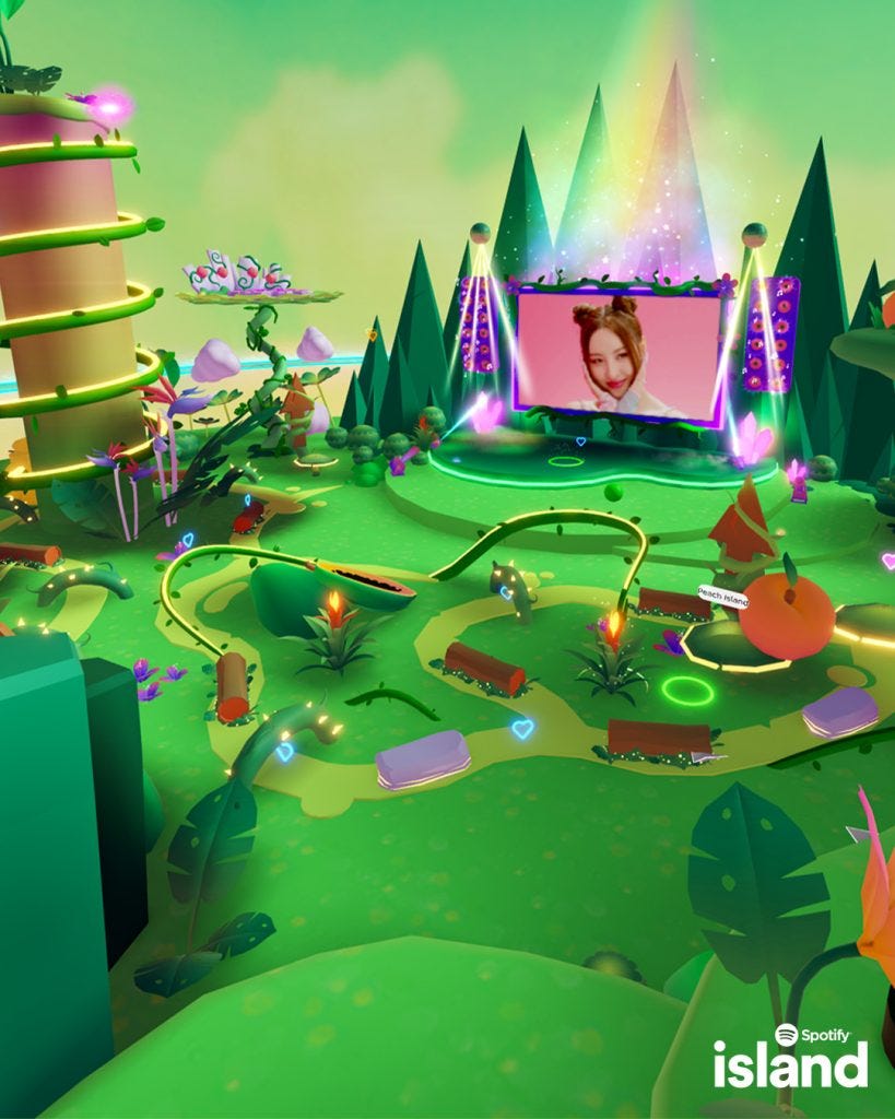 A vibrant fauna depicts Spotify Island on Roblox with singer Sunmi on a screen