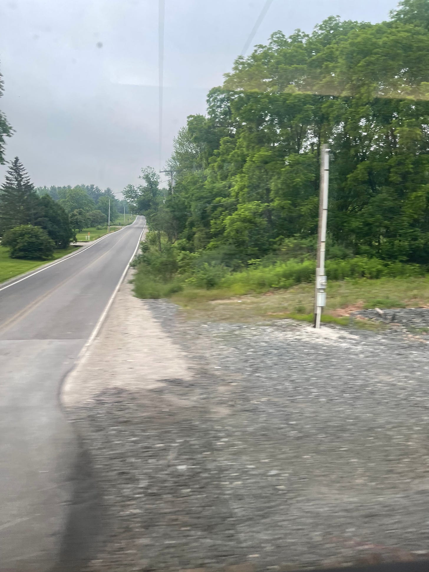 a view from inside a train, passing by a long paved country road with trees on either side