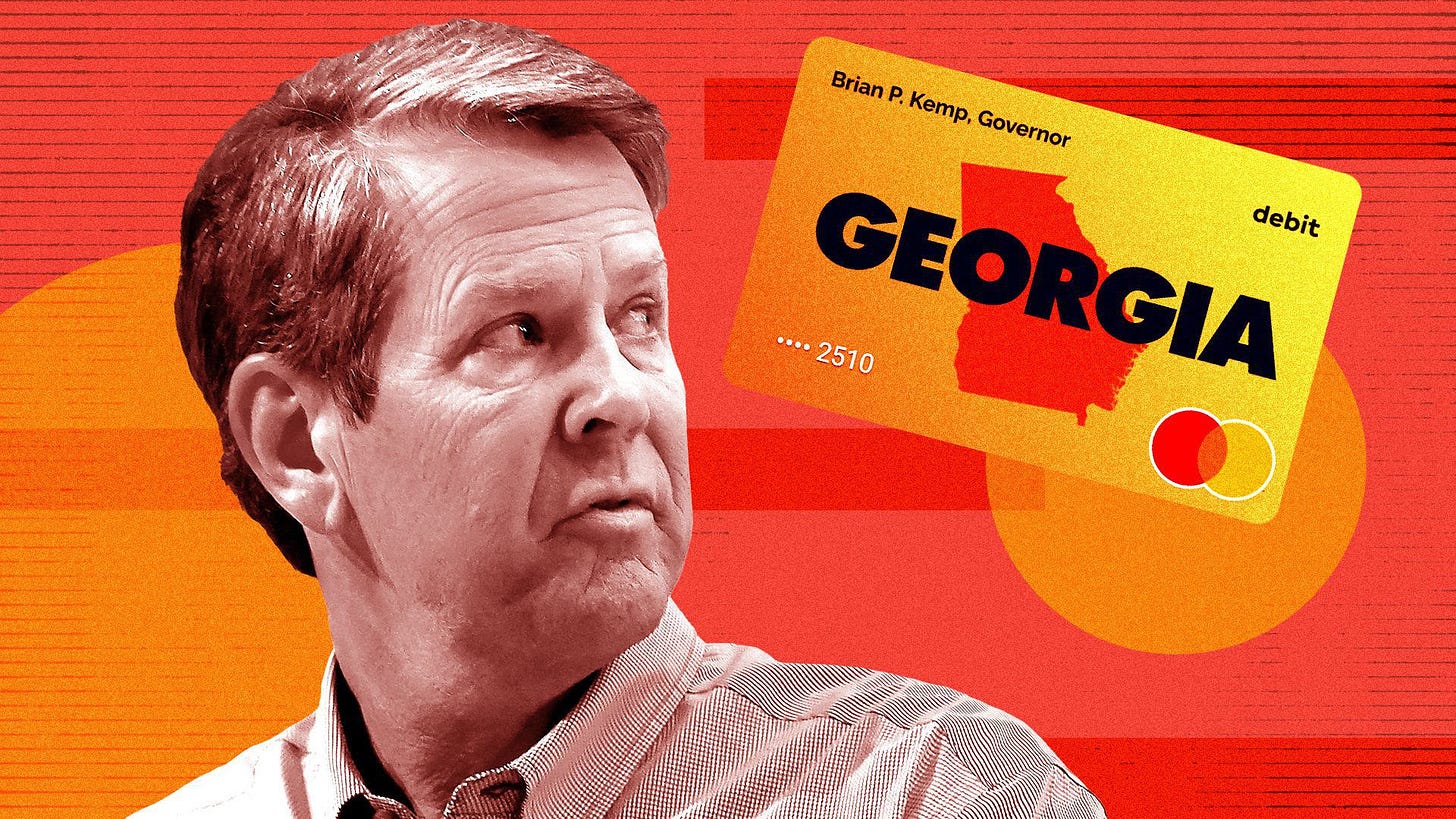 Photo illustration of Governor Brian Kemp next to Georgia cash card and surrounded by various shapes