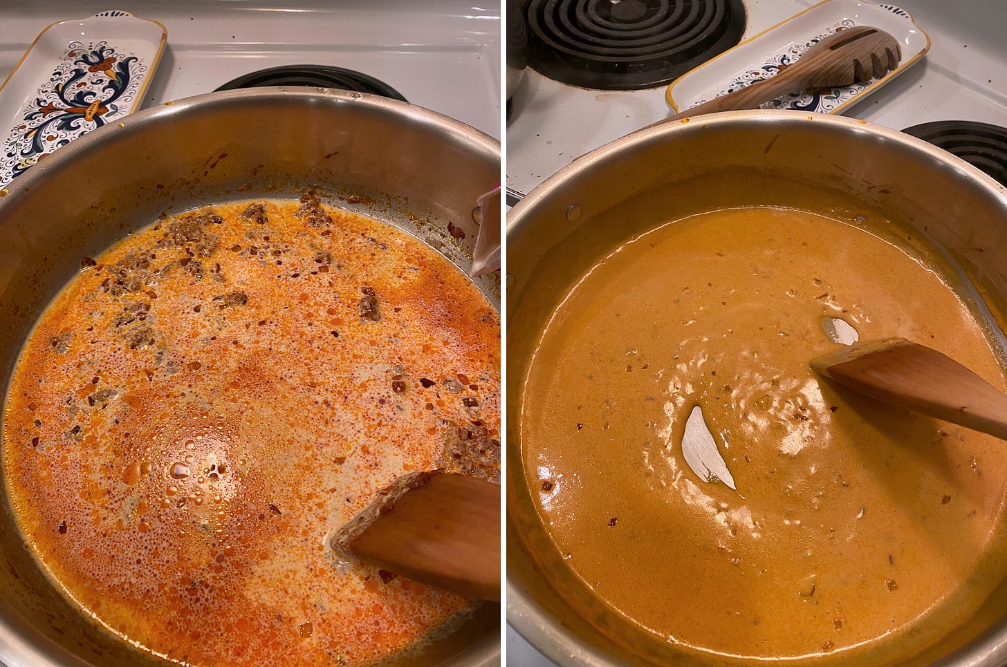 Left image: a wide pan with the beginnings of the vodka sauce, spotted red and white and slightly oily-looking as it begins to coalesce. Right image: the sauce once it has come together, a light orange-ish colour. A flat wooden spoon stirs the sauce in both images.