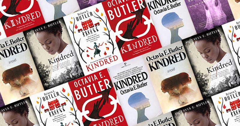 This image shows a collage of six different book covers from different editions of Octavia E. Butler's masterful 1979 novel Kindred.