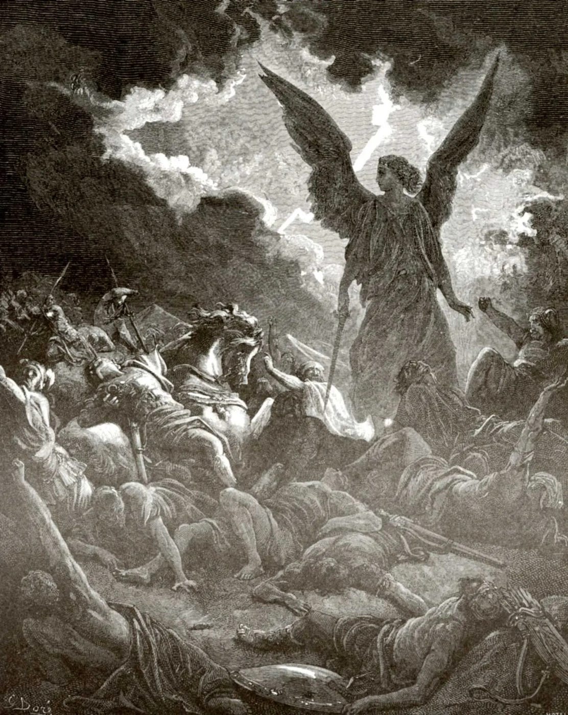Paul Gustave Dore. Illustration to the Bible: the angel of the Lord strikes the warriors of Sennacherib