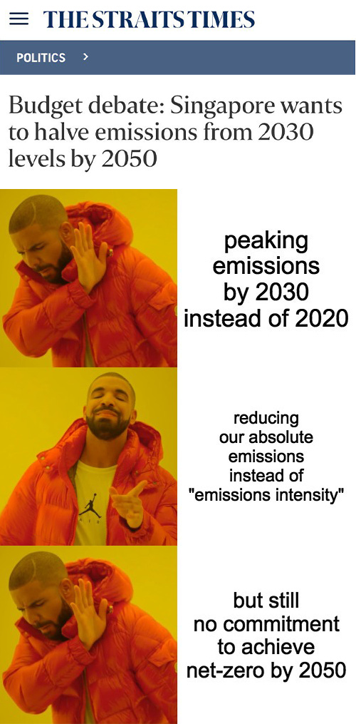 Image may contain: 2 people, possible text that says 'POLITICS THESTRAITSTIMES Budget debate: Singapore wants to halve emissions from 2030 levels by 2050 peaking emissions by 2030 instead of 2020 reducing our absolute emissions instead of "emissions intensity" but but still no commitment to achieve net-zero by 2050'