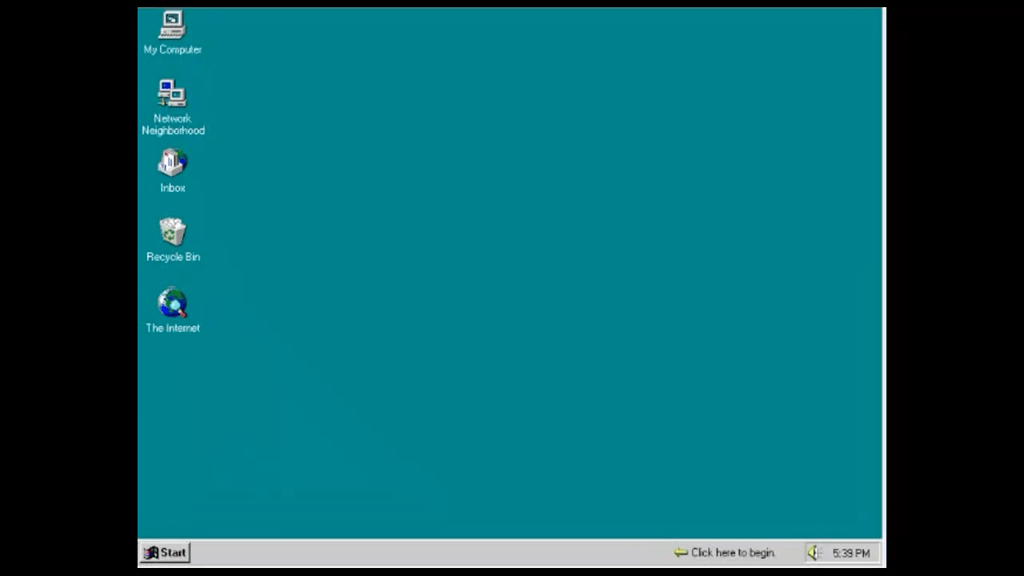 Animated Windows 95 start menu with "Click here to begin" swooshing across screen.