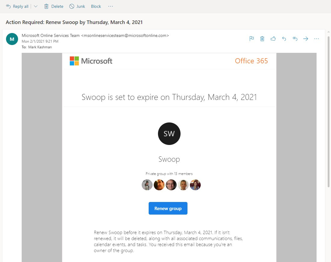 Microsoft 365 Groups expiration email used to renew a group based on pre-defined IT policies.
