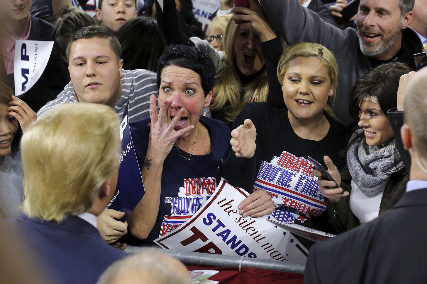 This image of a woman fawning over #45 is used here in a non-profit, educational capacity to illustrate how Cult45ers Stan the former President.