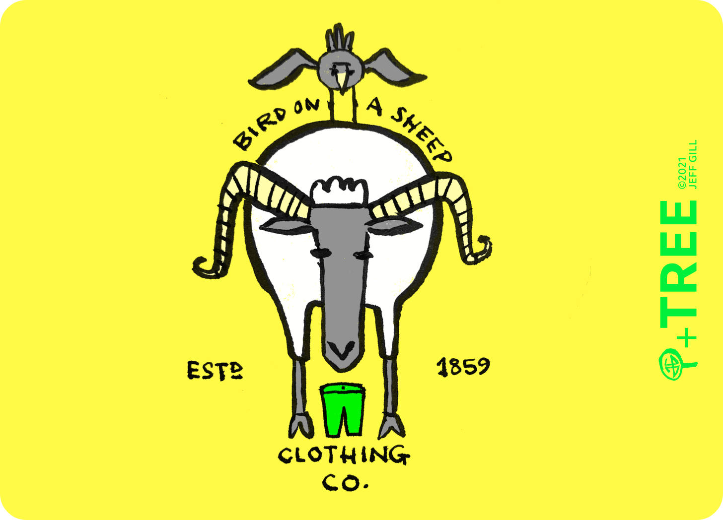 Logo for Bird on a Sheep Clothing Co. (Established in 1859). It’s a bird standing on a sheep. The sheep is straddling a pair of bright green trousers.