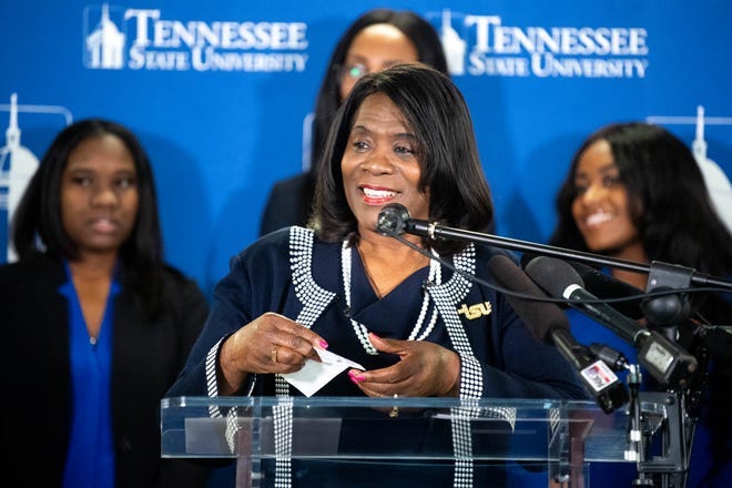 Tennessee State University President Glenda Glover holds a check donation for their “$1 Million in 1 Month” campaign at TSU Thursday, Jan. 30, 2020, in Nashville, Tenn. 