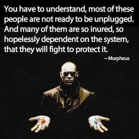 May be an image of 1 person and text that says 'You have to understand, most of these people are not ready to be unplugged. And many of them are so inured, so hopelessly dependent on the system, that they will fight to protect it. ~Morpheus'
