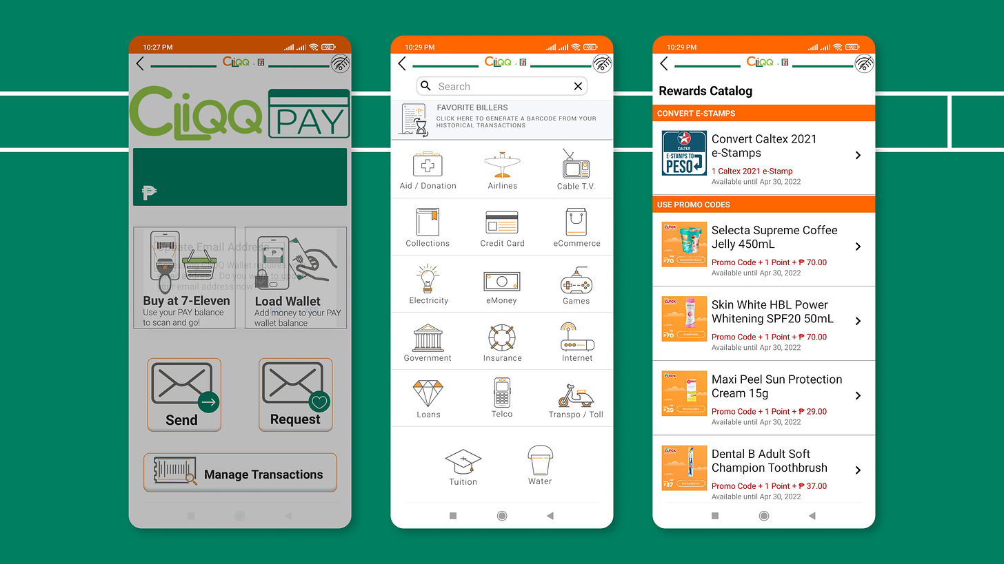 The current CLiQQ Wallet screen (left), the Pay Bills screen (center), and the Redeem Rewards screen (right)