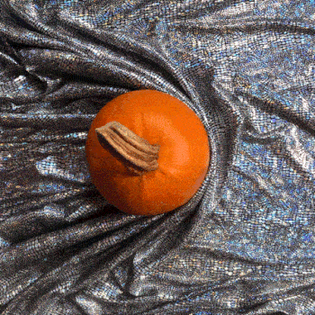 A stop-motion photo animation loop of a pumpkin sitting on top of a piece of silver-speckled fabric that moved all around it as tiny hands come and pick up the pumpkin, lay down another blow-mold pumpkin bucket, and run toys in and out of the shot.