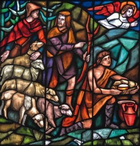 Image result for nativity scene stained glass angel and shepherds