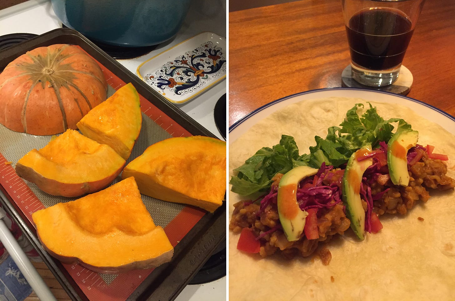 left image: an orange winter squash with green stripes cut into pieces on a large baking sheet. Right image: a burrito before being folded, with avocado, tomato, lettuce, and pickled cabbage on top of a bean and rice filling.
