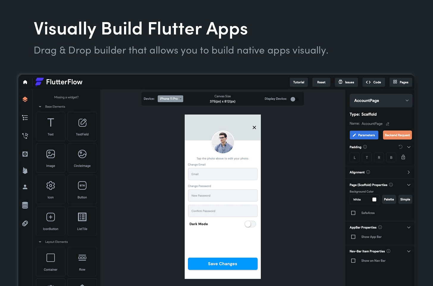 FlutterFlow screenshot by FlutterFlow. Text says "Visually Build Flutter Apps. Drag and drop builder that allows you to build native apps visually.
