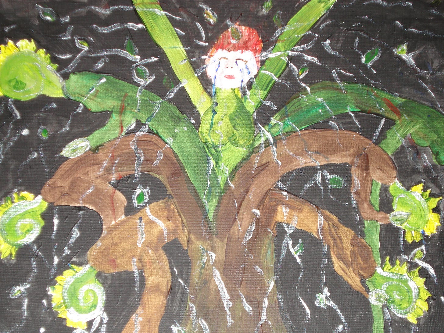 Painting of crying woman/weeping willow tree. Green and brown tree on black background with silver tears.
