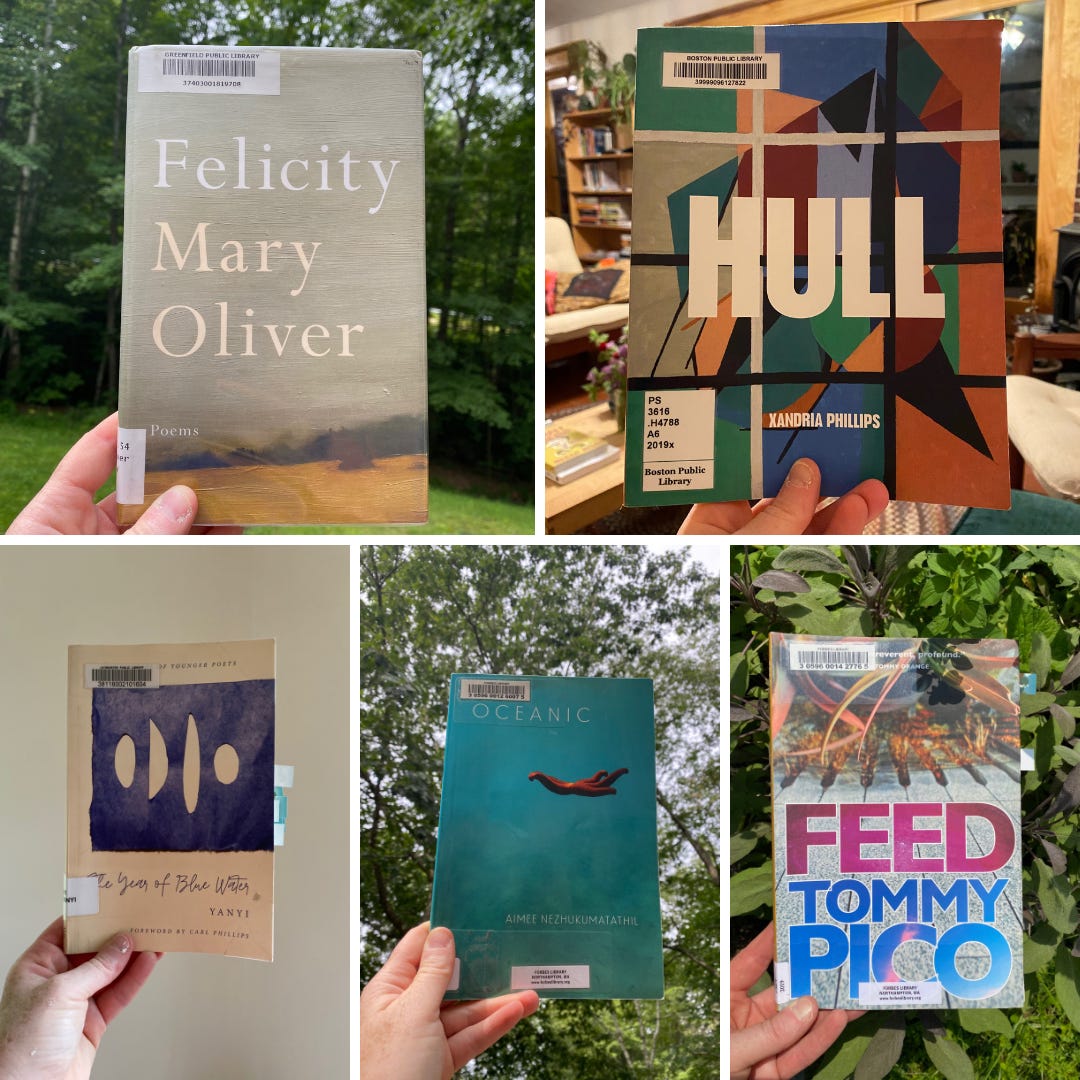 A collage of photos of my hand holding up poetry books against different backgrounds. The books are: Felicity, Hull, The Year of Blue Water, Oceanic, and Feed.