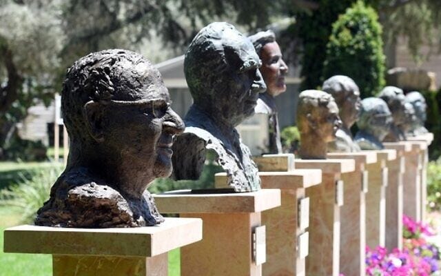 A bust of President Reuven Rivlin by artist Sigalit Landau seen in the Avenue of the Presidents, at the President's Residence, on July 5, 2021. (Haim Zach/ GPO)