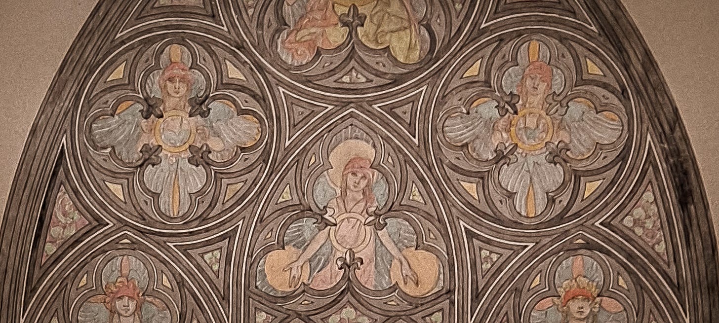 An up-close of Mucha's stained-glass window drawing from the Mucha Museum in Prague