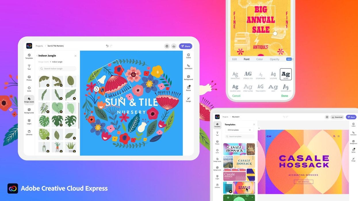 Screens with colorful designs created on Creative Cloud Express