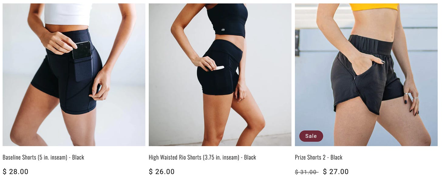 Three pocket-centric photos of models displaying how large of a phone they can stuff in their Senita shorts' pockets.