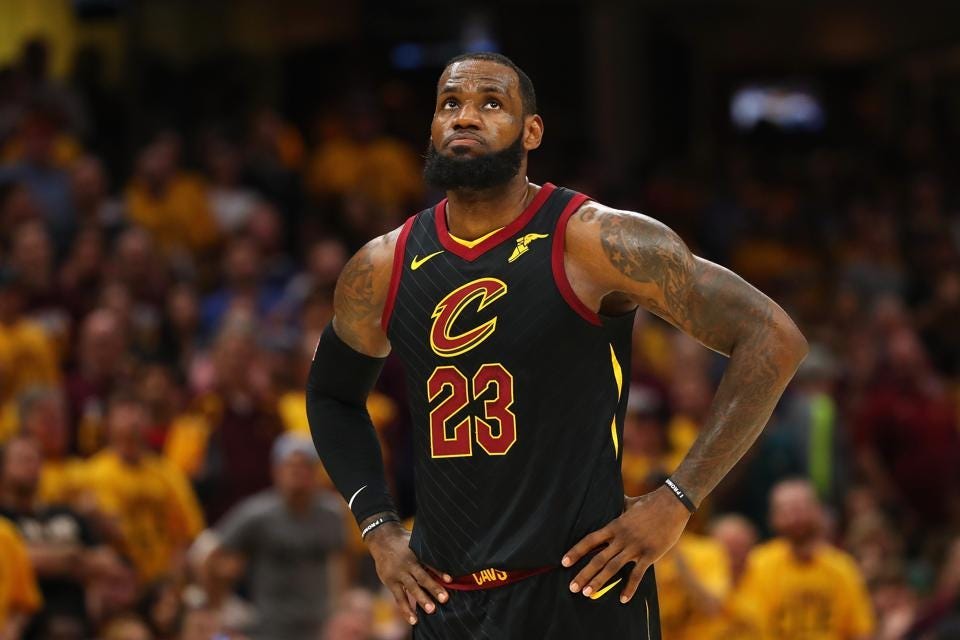 LeBron James #23 of the Cleveland Cavaliers looks on in the first half against the Boston Celtics... [+] during Game Three of the 2018 NBA Eastern Conference Finals. (Photo by Gregory Shamus/Getty Images)