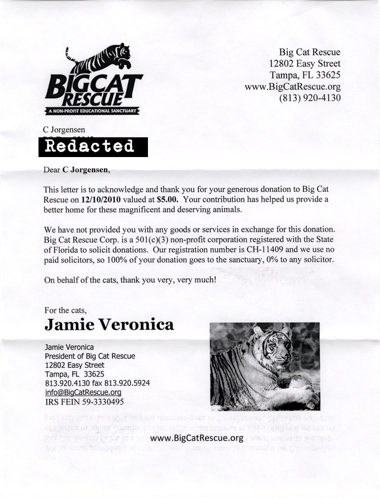 Scan of the letter from Big Cat Rescue. Transcript follows.