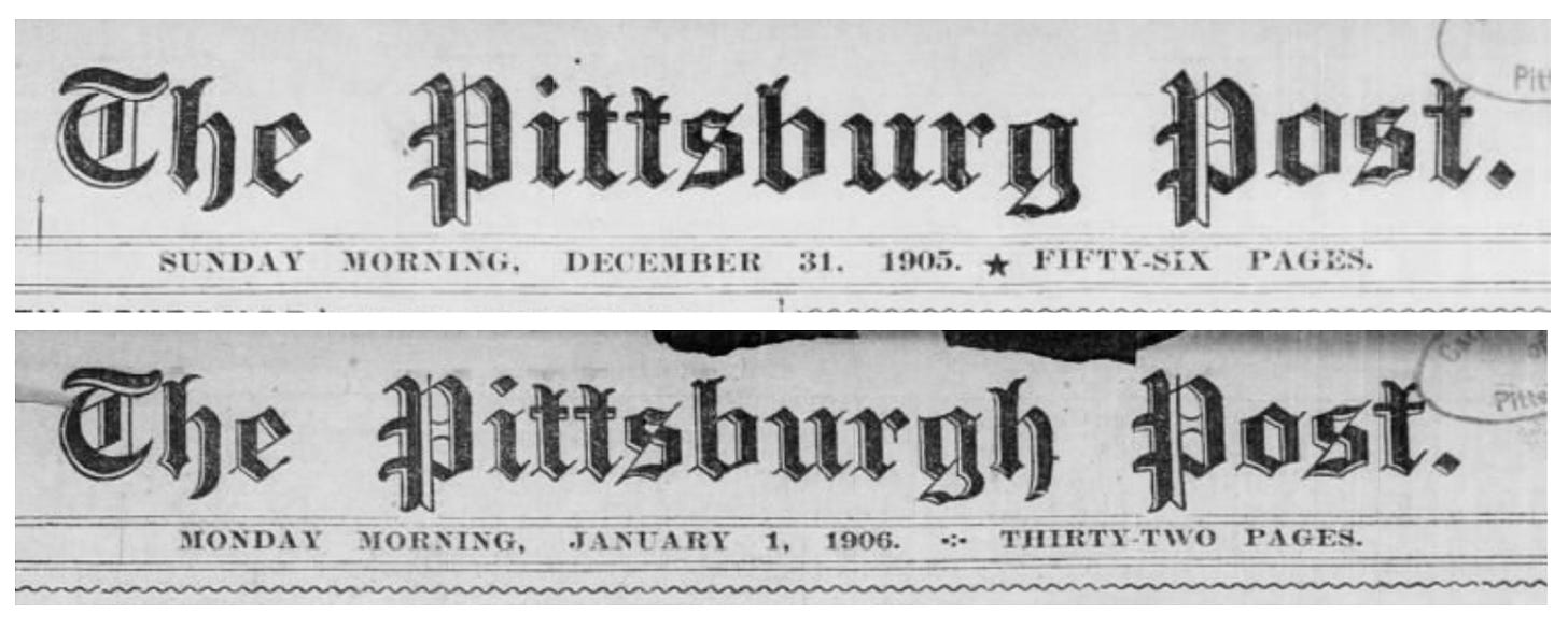 The masthead reading The Pittsburg Post above a picture of the masthead reading The Pittsburgh Post
