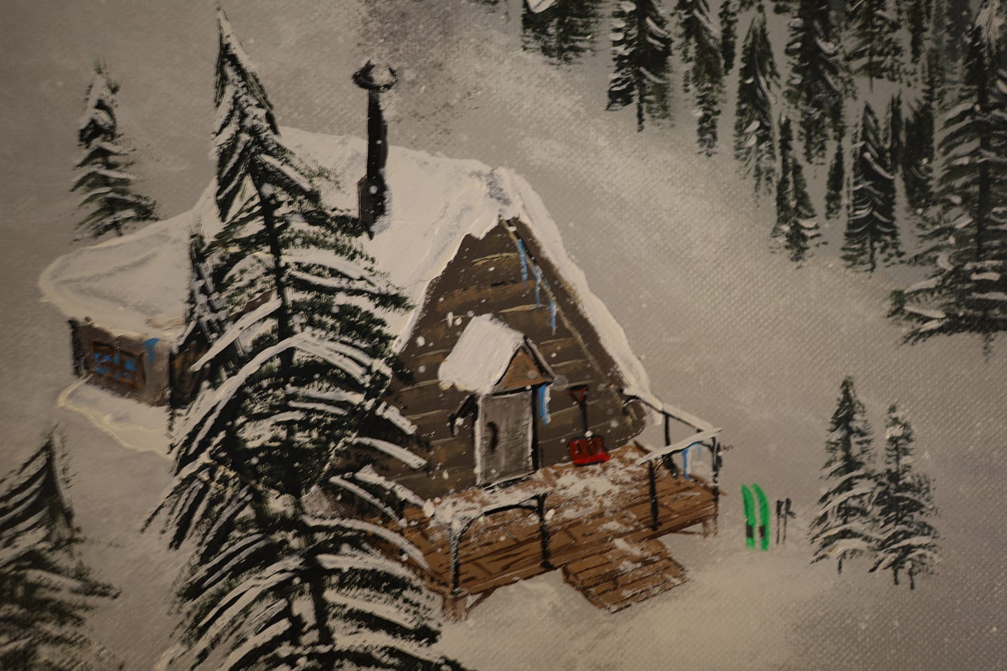 a painting of a snow-covered A-frame cabin