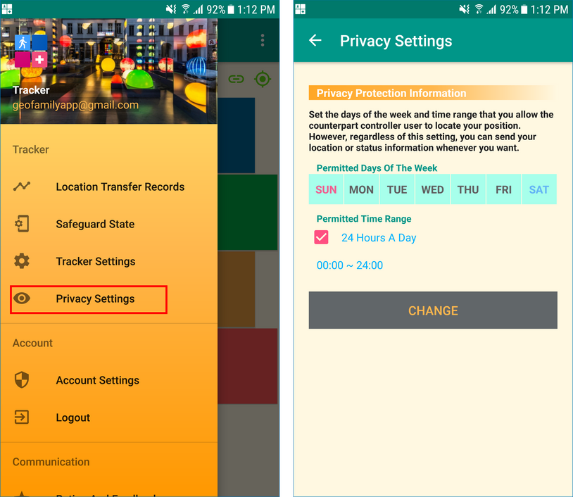 GeoFamily Tracker User App : Privacy Settings - Screens 1 GeoFamily Tracker User App : Privacy Settings - Screens 1