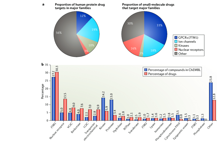 | Major protein families as drug targets. a | Distribution of human drug targets by gene family (left) and distribution by the fraction of drugs targeting those families (right); the historical dominance of four families is clear. b | Clinical success of privileged protein family classes. Distribution of non-approved compounds in ChEMBL 20 (extracted from the medicinal chemistry literature, with bioactivity tested against human protein targets) per family class, and distribution of approved drugs (small molecules and biologics) per human protein family class. 7TM, seven transmembrane family; GPCR, G protein-coupled receptor; LGIC, ligand-gated ion channel; NTPase, nucleoside triphosphatase; VGIC, voltage-gated ion channel. 