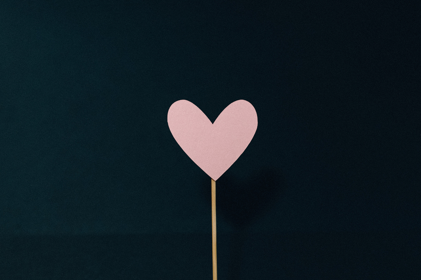 a pink paper heart on a stick sits in the middle of a black background