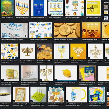 A screenshot of a Google image search page that is tiles of Yellow Blue Hanukkah images.