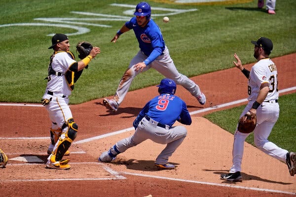 The Pittsburgh Pirates were thoroughly mixed up, with Javier Baez of the Chicago Cubs in a rundown between home and first that allowed Willson Contreras to score.