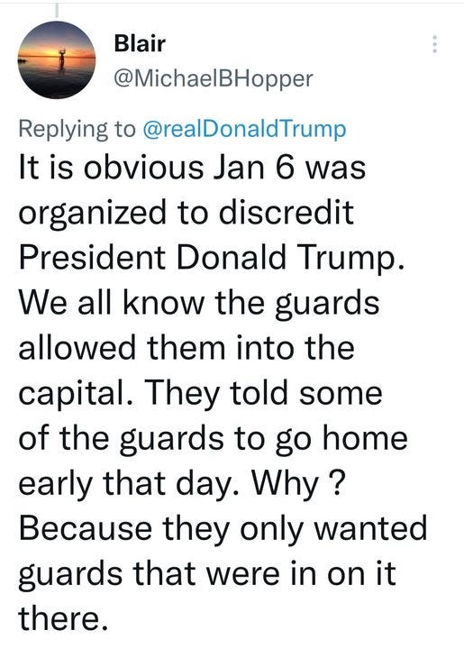 May be a Twitter screenshot of one or more people and text that says 'Blair @MichaelBHopper Replying to @realDonaldTrump It is obvious Jan 6 was organized to discredit President Donald Trump. We all know the guards allowed them into the capital. They told some of the guards to go home early that day. Why? Because they only wanted guards that were in on it there.'