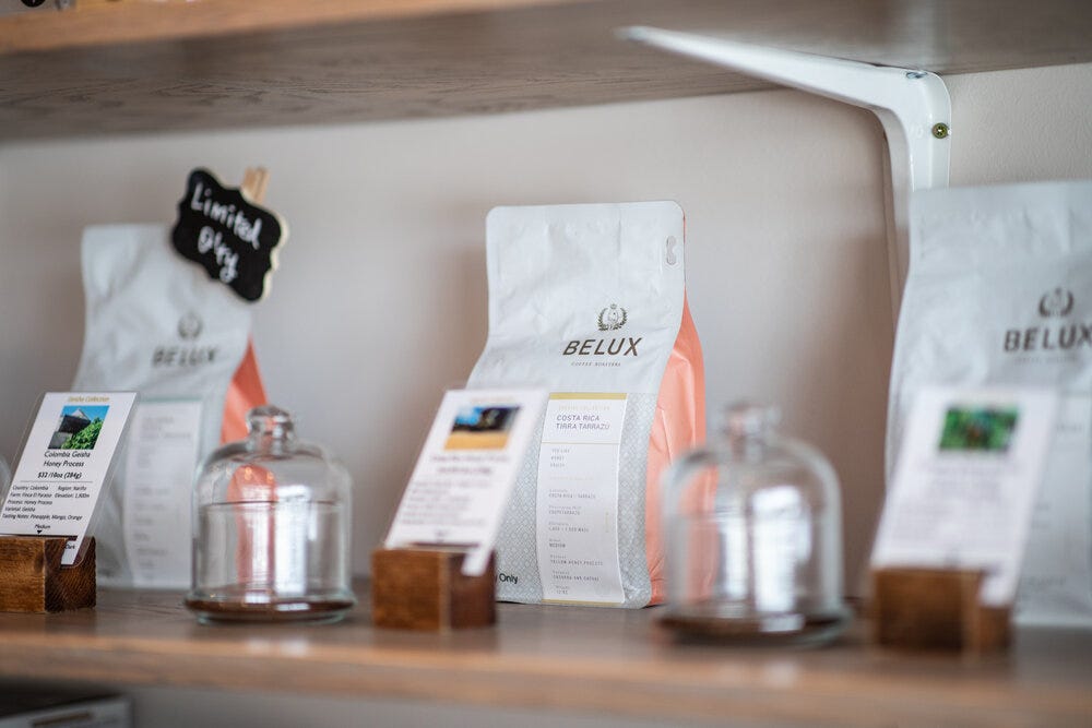 Detail from the shelves at Belux Coffee Roasters. Seen here is the coffee shop’s Costa Rican Tarrazu coffee.
