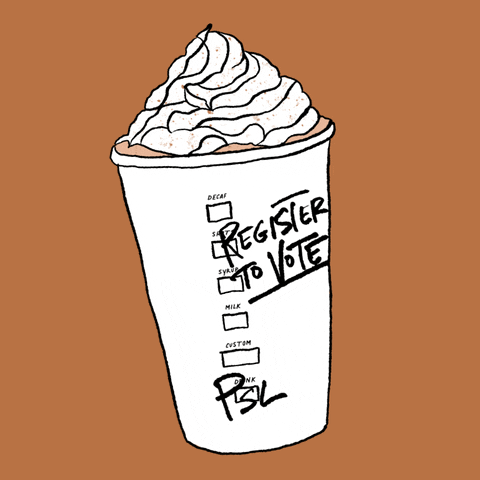A cartoon pumpkin spice latte with "register to vote" on the cup