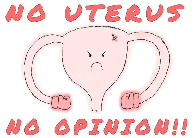 a drawing of an angry uterus with the text: no uterus no opinion