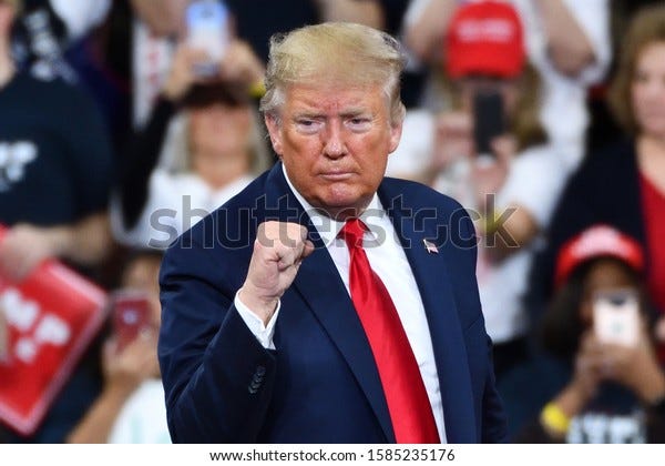 HERSHEY, PA - DECEMBER 10, 2019:President Donald Trump gestures the confident fist pump on stage at a campaign rally at the Giant Center.