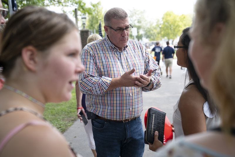 Illinois state Sen. Darren Bailey, a GOP gubernatorial candidate, appears at Republican Day at the Illinois State Fair in Springfield on Aug. 19, 2021.