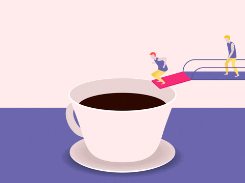 Cartoon people diving into a cup of coffee