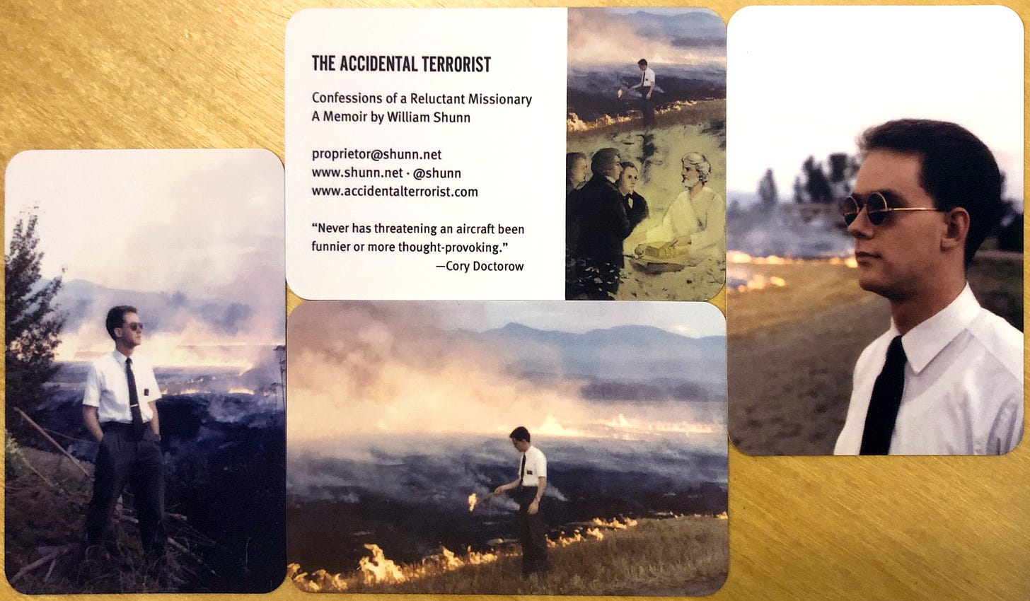 An array of four business cards, one showing information about the book The Accidental Terrorist, the other three showing various images of William Shunn as a young missionary posing near a burning wheat field.