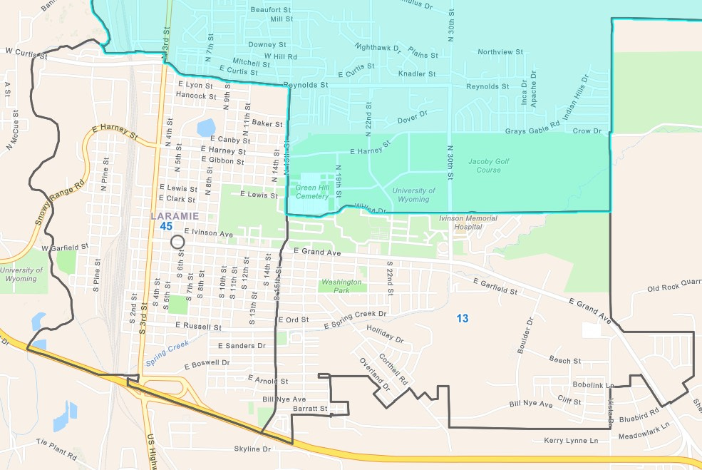The geographical area of House District 14 is shaded blue on a map of Laramie.