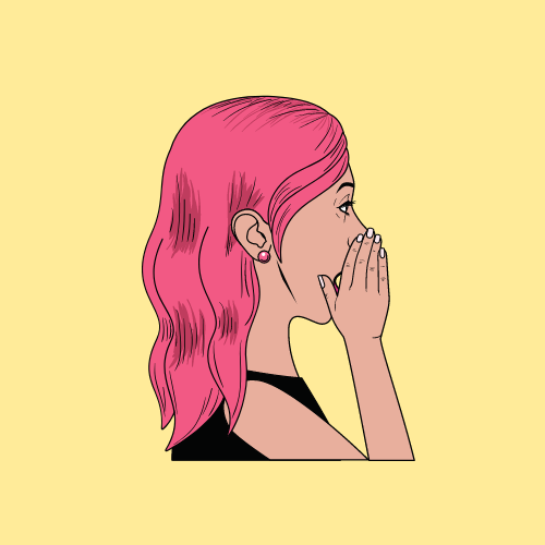 A head side profile of a girl with pink hair wearing a black top with her hands covering her mouth. The gesture is similar to when someone leans in to whisper something in someones ears