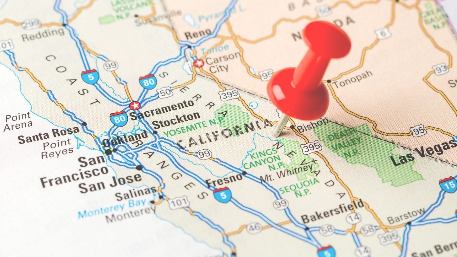 US capital cities on map for California